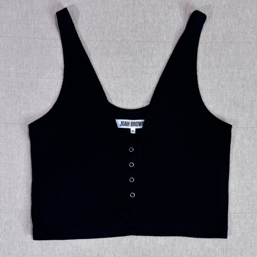 Joah Brown Black Ribbed Snap-Front Crop Top
